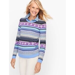 Talbots Nordic Cozy Fair Isle Blue & Purple Wool Crewneck‎ Sweater Sz L Holiday